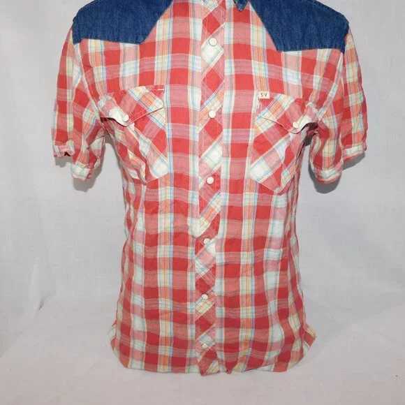 Salt Valley Western Mens M Red Plaid Denim Detail Short Sleeve pearl Snap Shirt - Picture 3 of 12